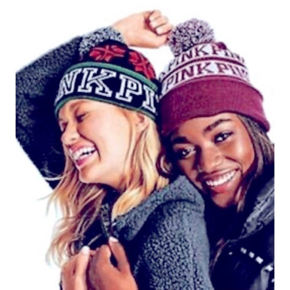 PINK Victorias Secret Womens Beanie Hat Pom Winter Snowflake Black Os Excellent